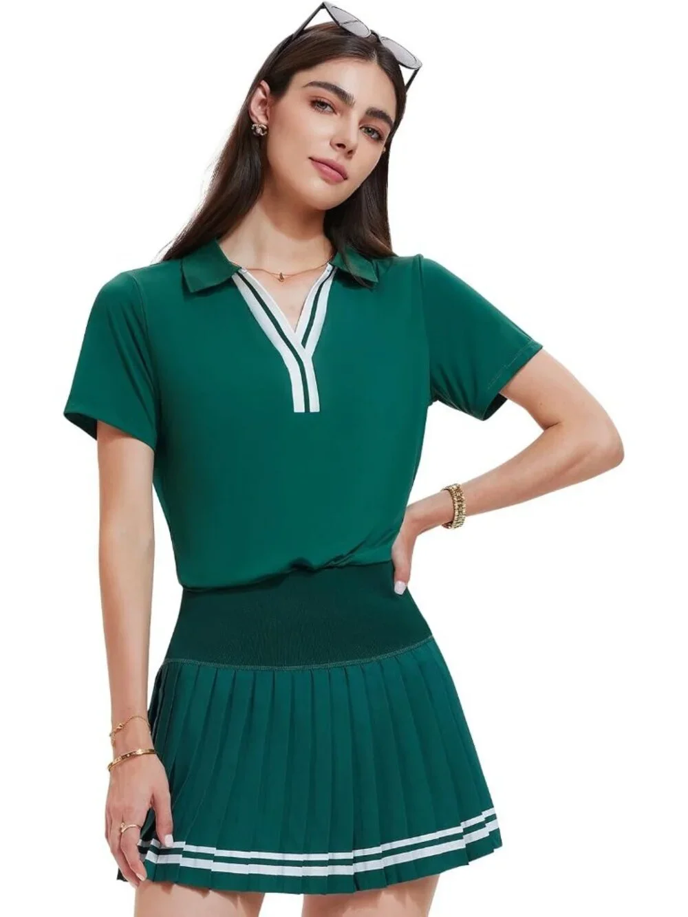 Women's Field Green 2 Piece Racer Back Tennis Skirts Tank Top Pull On Golf Dress